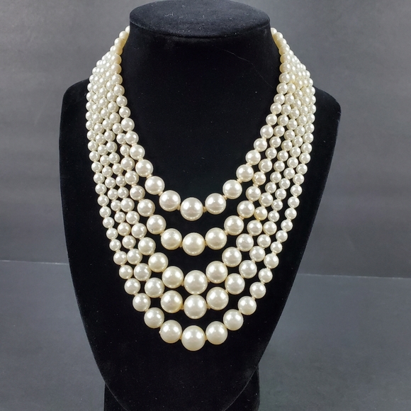 Vintage Jewelry - Vintage 5 strand hand knotted faux pearl necklace